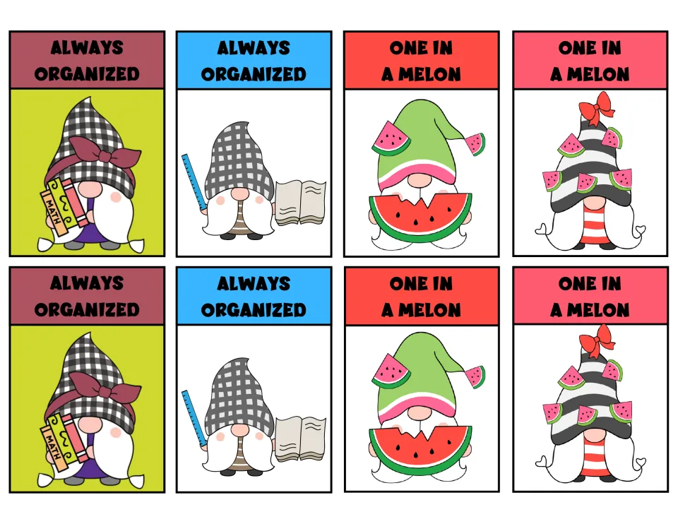 Eight gnome reward tags: four 'Always Organized' tags show school supplies; four 'One in a Melon' show watermelon.