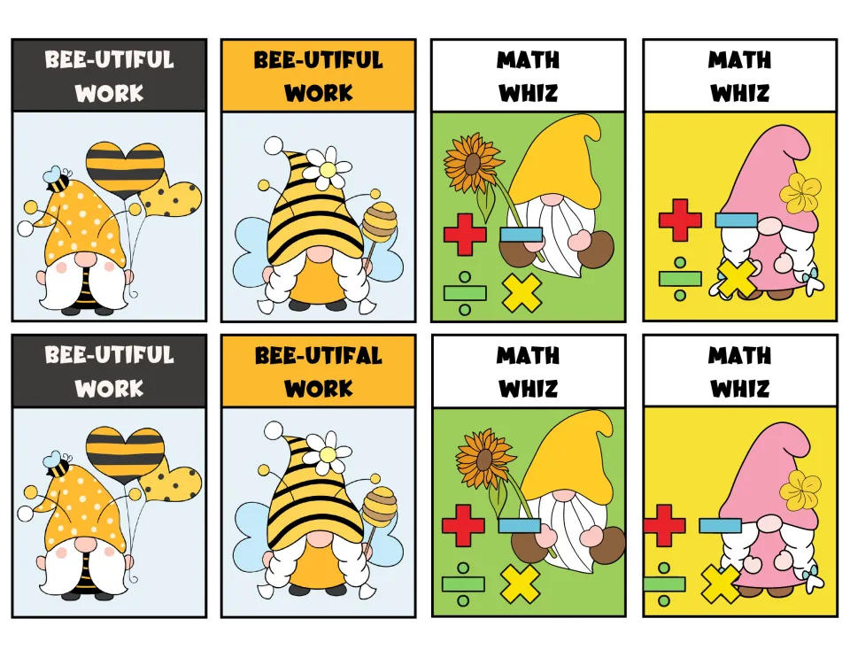 Eight gnome reward tags: three 'Bee-utiful Work,' one 'Bee-utifal Work,' as printed, and four 'Math Whiz.'