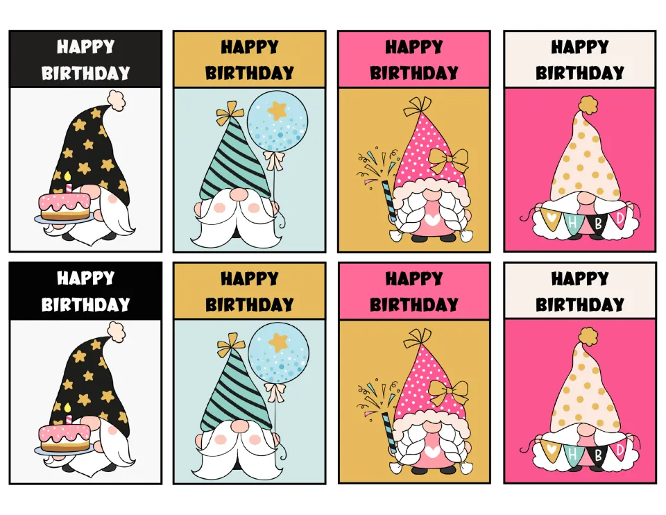 Eight 'Happy Birthday' gnome tags show four designs twice: a cake, a balloon, a party blower, and an HBD banner.