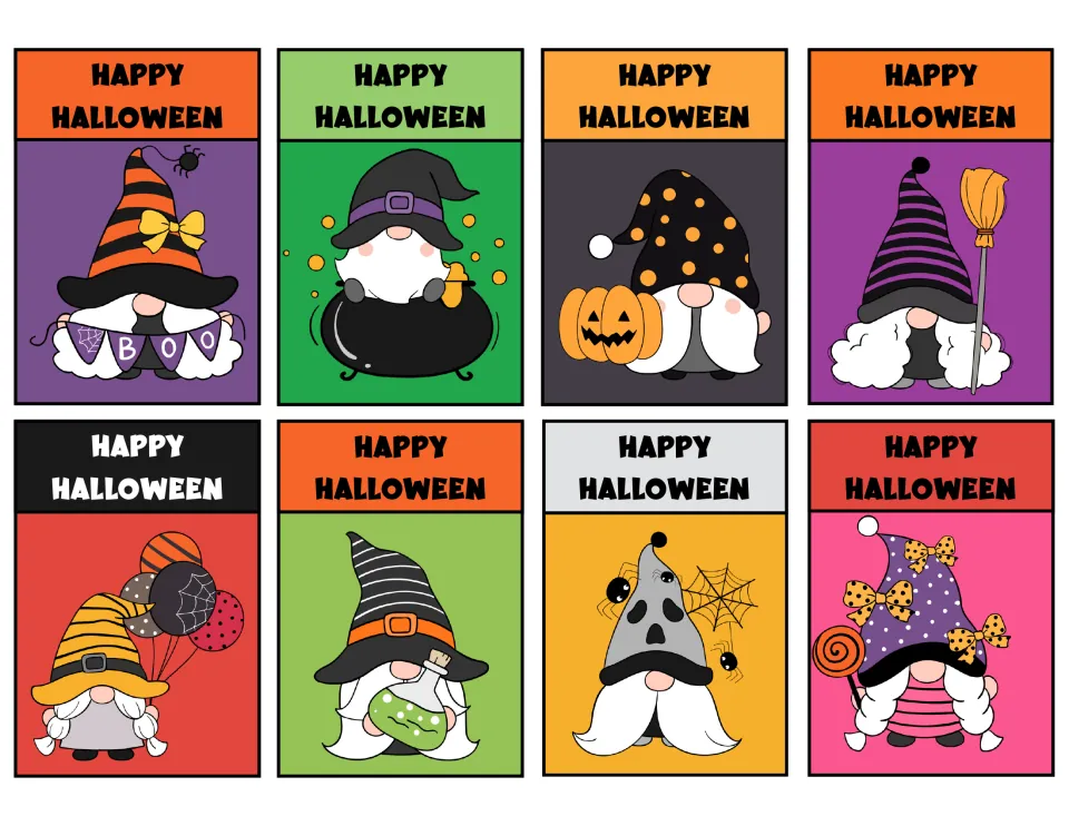 Eight 'Happy Halloween' gnome tags feature a BOO banner, cauldron, pumpkin, broom, and four more designs.