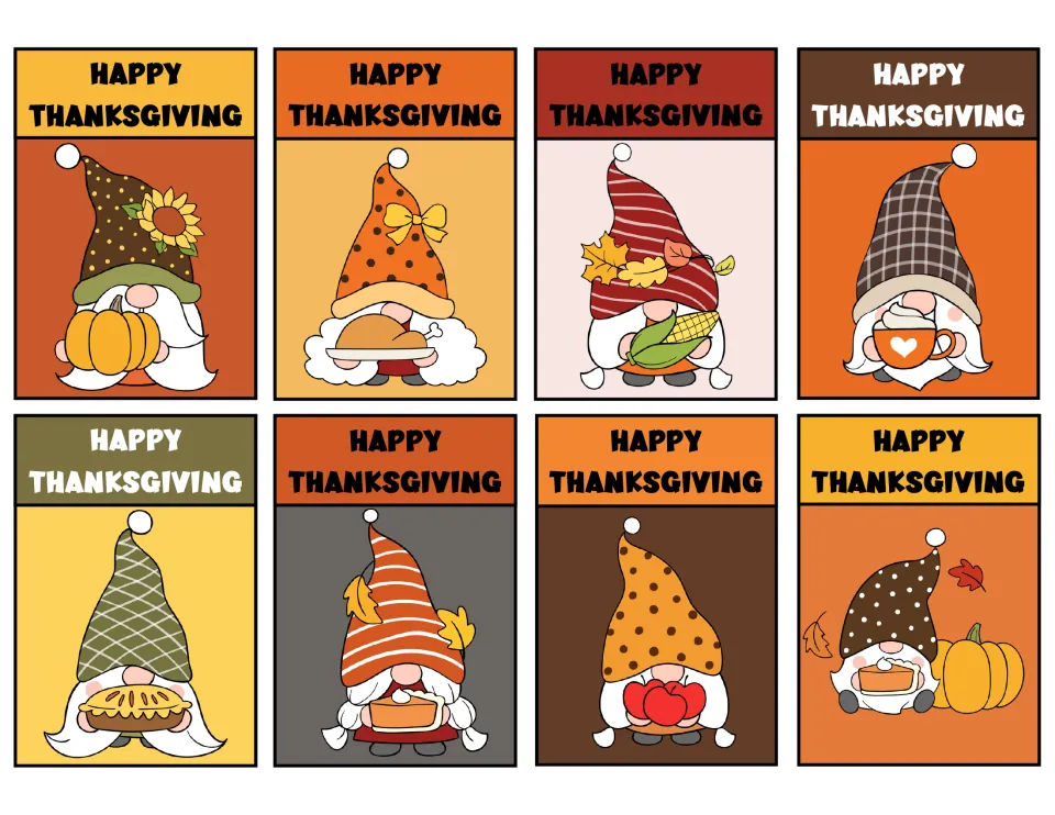 Eight 'Happy Thanksgiving' gnome tags feature pumpkins, a turkey platter, corn, a mug, and pie designs.
