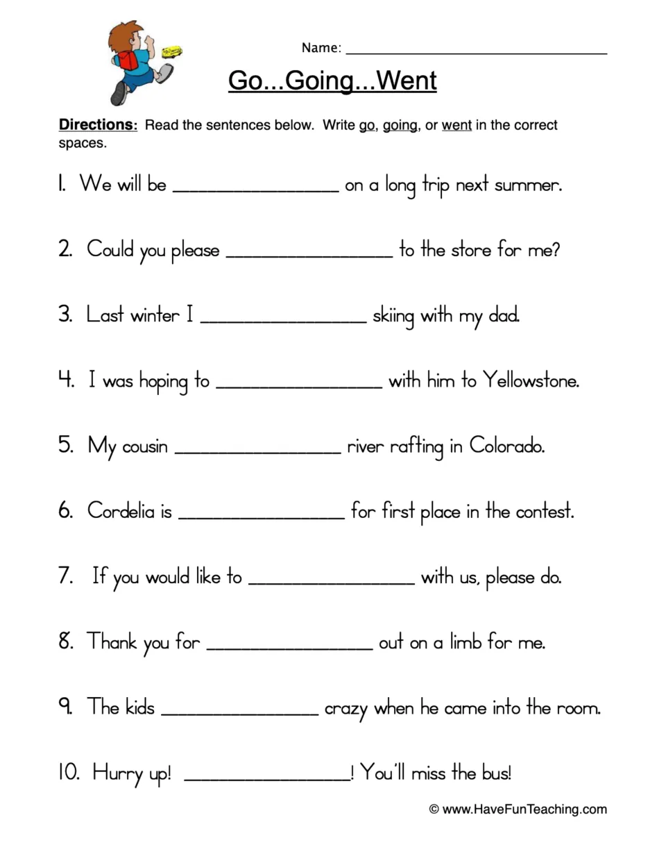 Verb forms of go: students write go, going or went to complete 10 sentences about trips, skiing, rafting and a bus