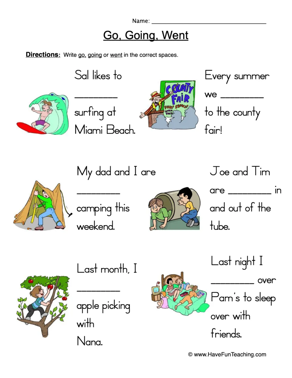 Verb tenses of go: students write go, going or went to complete 6 illustrated sentences about surfing, camping and a fair
