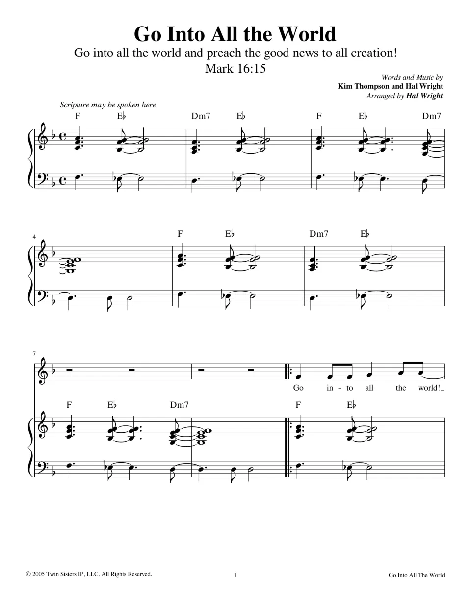 Go Into All the World score opening: Mark 16:15 quote, piano intro in F with chord symbols, then first vocal line