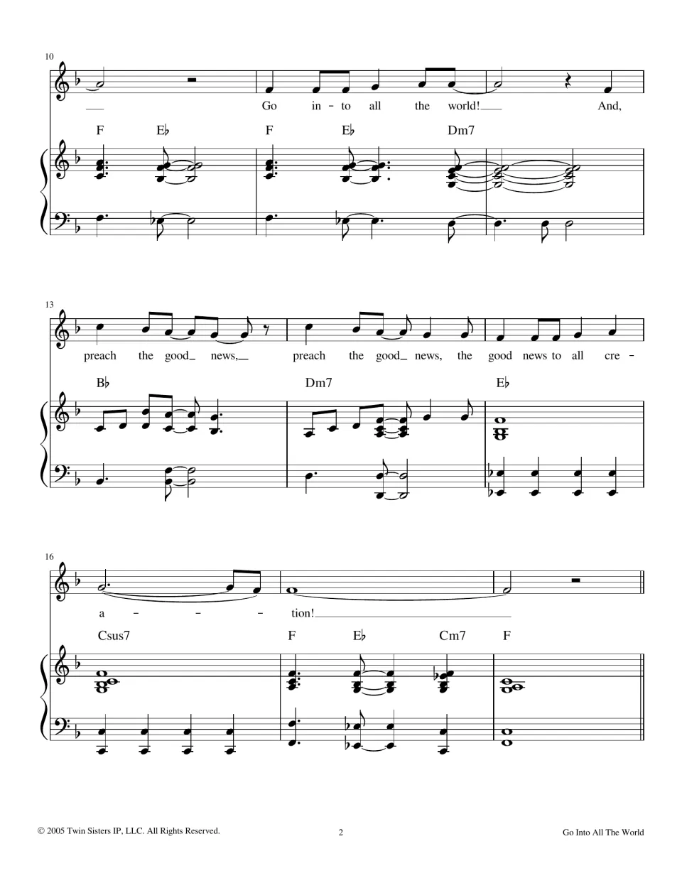 Song chorus, bars 10-18: vocal melody 'preach the good news to all creation' over piano with F, E♭, Dm7, B♭ chords