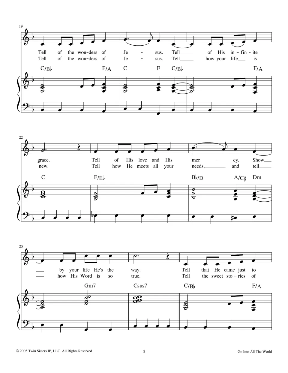 Verses 1 and 2, bars 19-27: two lyric lines on telling of Jesus' wonders, grace and mercy, with piano and slash chords