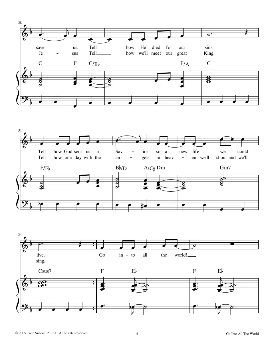 Verses continue, bars 28-36: lyrics on the Savior and meeting our great King, then a repeat sign back to the refrain