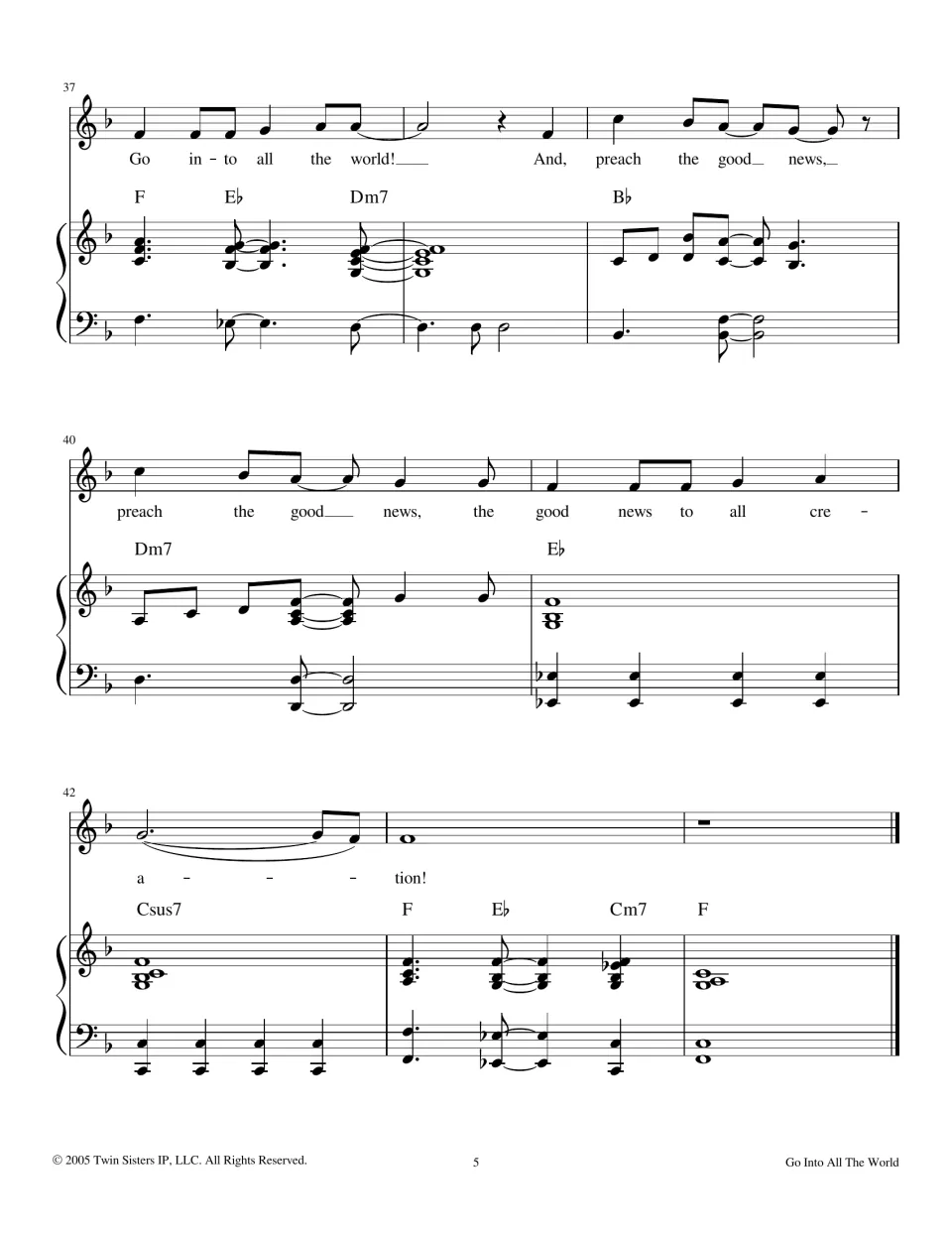 Final refrain, bars 37-44: vocal and piano close on 'preach the good news to all creation' ending on an F chord