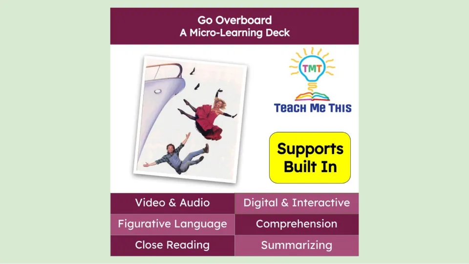 Go Overboard micro-learning deck cover lists video, audio, figurative language, comprehension, and summarizing