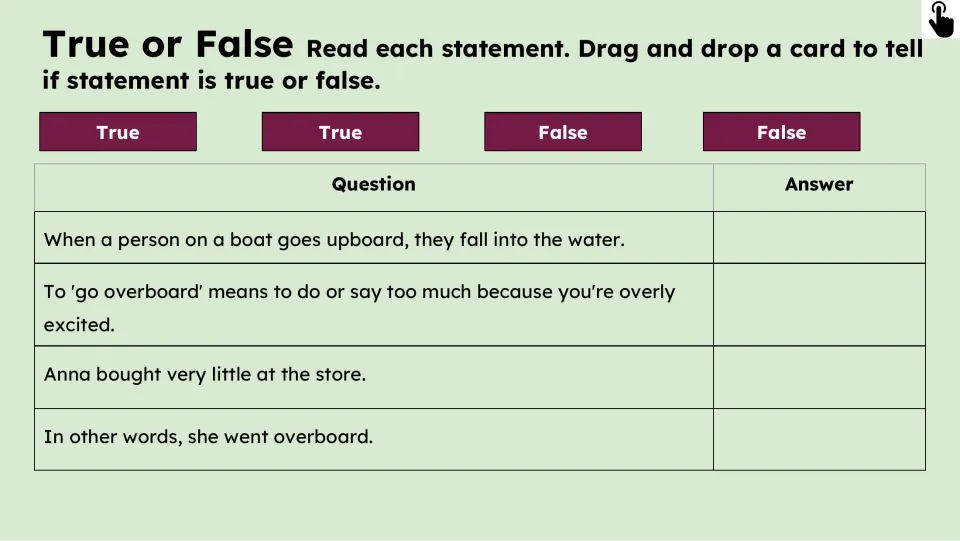 True-or-false activity checks four statements about going “upboard,” being overly excited, and Anna’s shopping