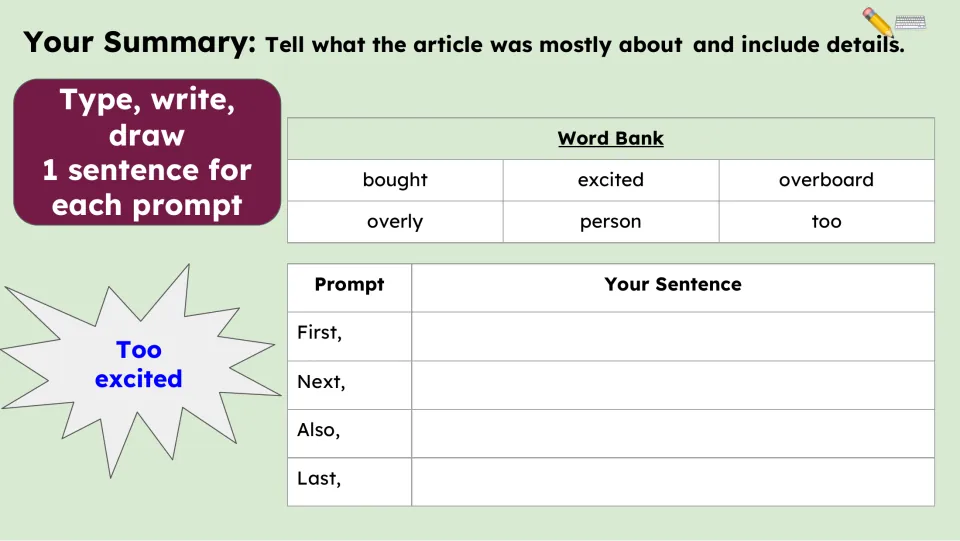 Summary activity asks for one sentence each using First, Next, Also, and Last, supported by a six-word bank