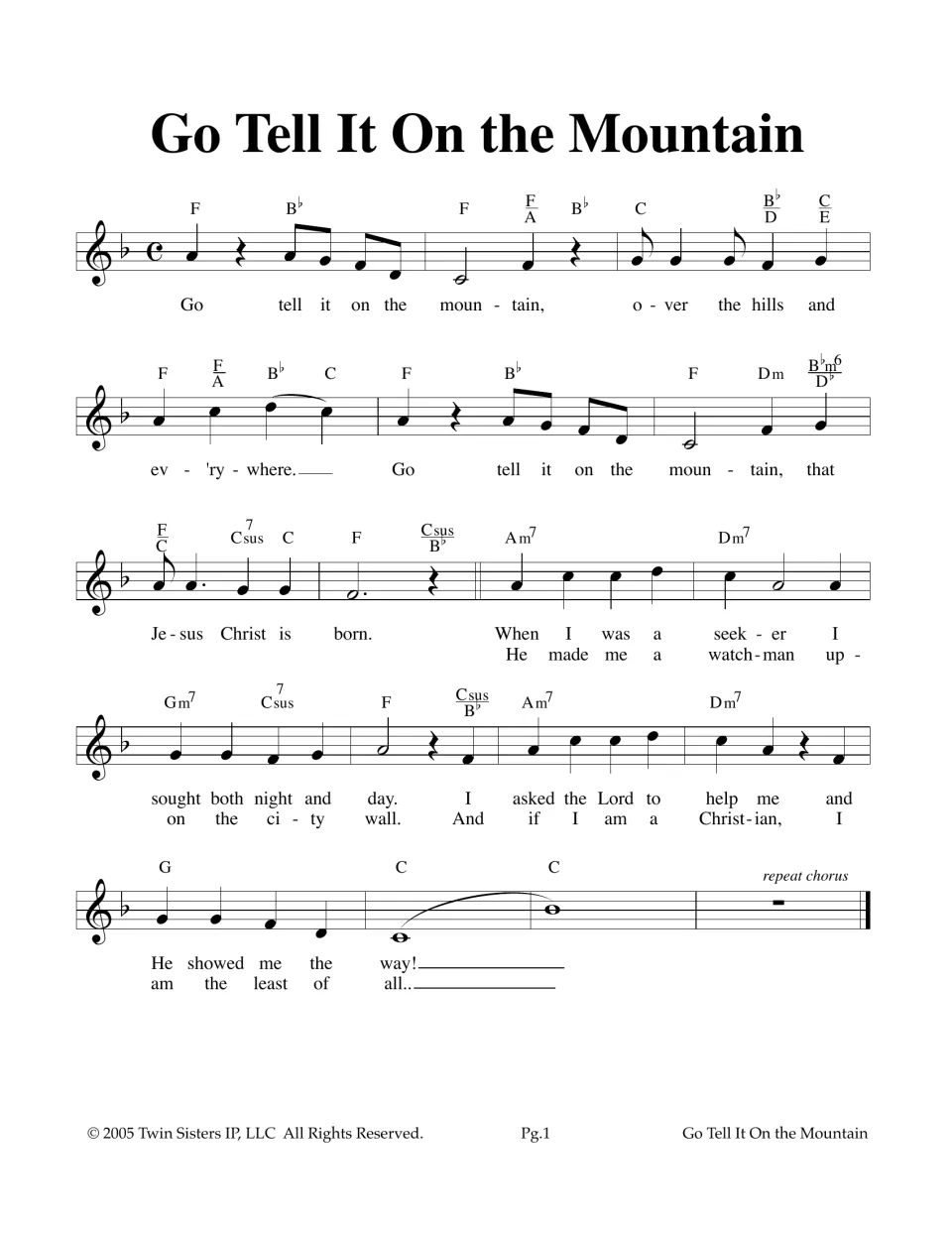 Go Tell It on the Mountain lead sheet in F: melody with chord symbols, chorus and two verses of lyrics to sing