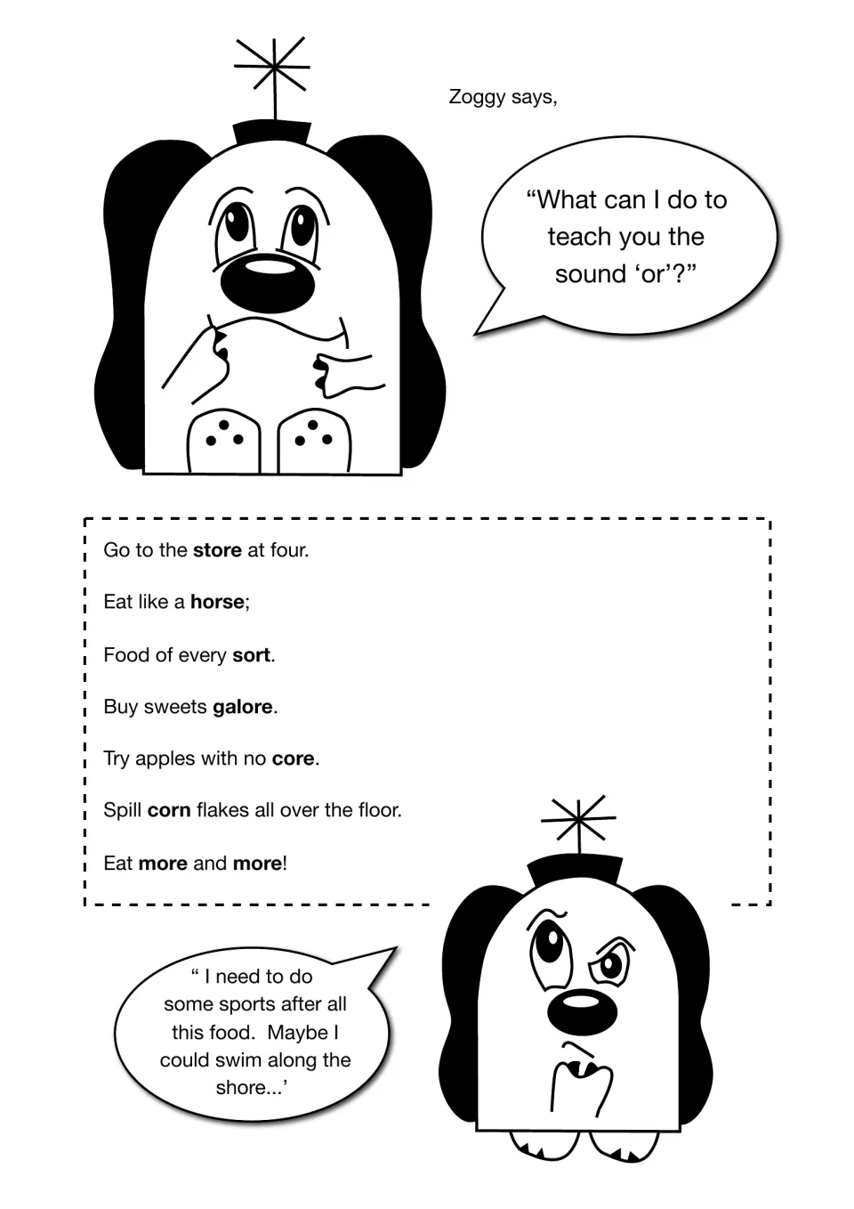 'or' sound rhyme: Zoggy asks how to teach 'or', then students read lines with bold words like store, horse, sort and core