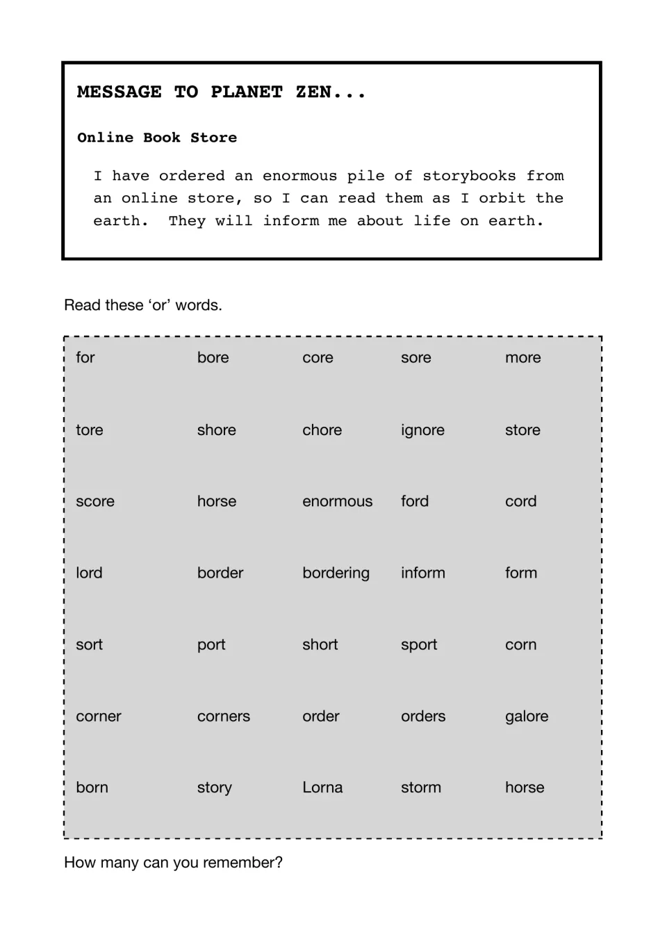 Reading 'or' words: a Planet Zen message about ordering storybooks, then 35 words like shore, enormous and corner to read