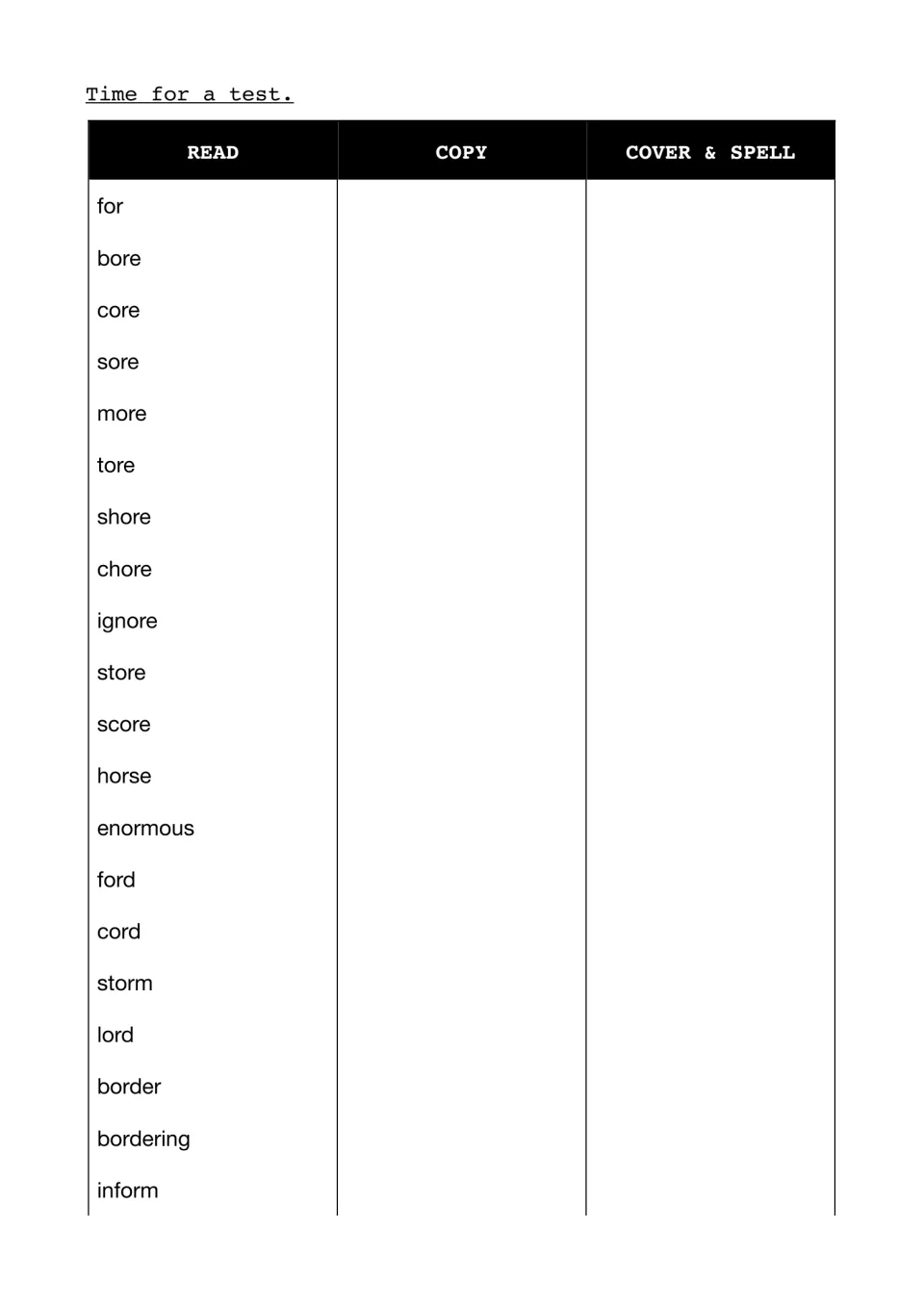 Spelling test for 'or' words: students read, copy, then cover and spell 20 words from for and shore to bordering and inform