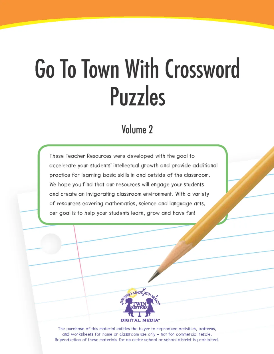Go To Town With Crossword Puzzles, Volume 2 cover from Twin Sisters Digital Media, with a teacher note and pencil