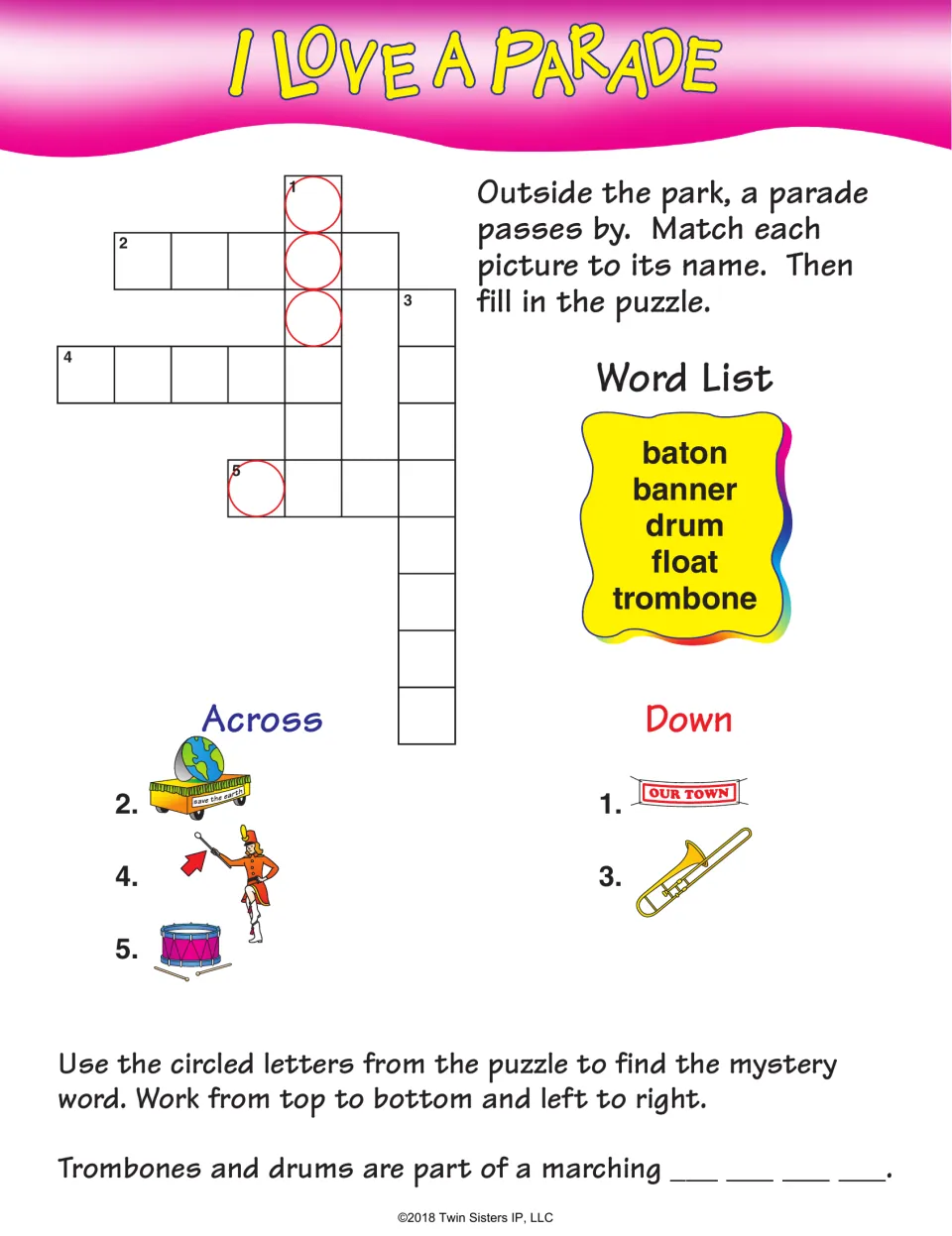 I Love a Parade: students match pictures to baton, banner, drum, float and trombone, then solve a mystery word