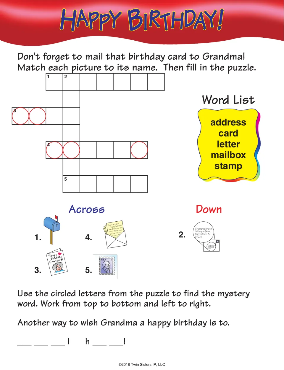 Happy Birthday! mail crossword: students name a mailbox, card, letter, stamp and address from pictures