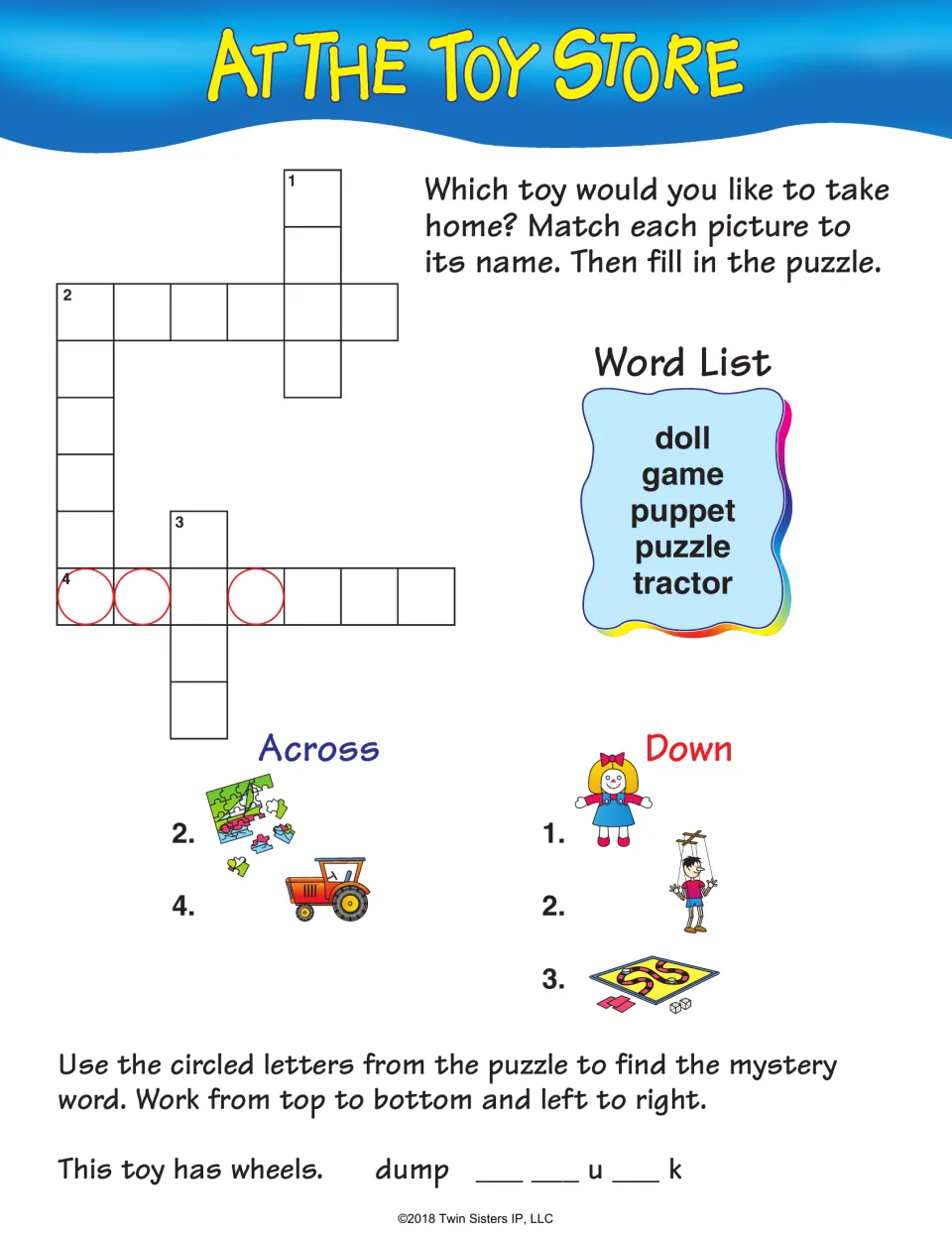 At the Toy Store: picture clues for doll, game, puppet, puzzle and tractor fill the grid; circled letters spell a toy