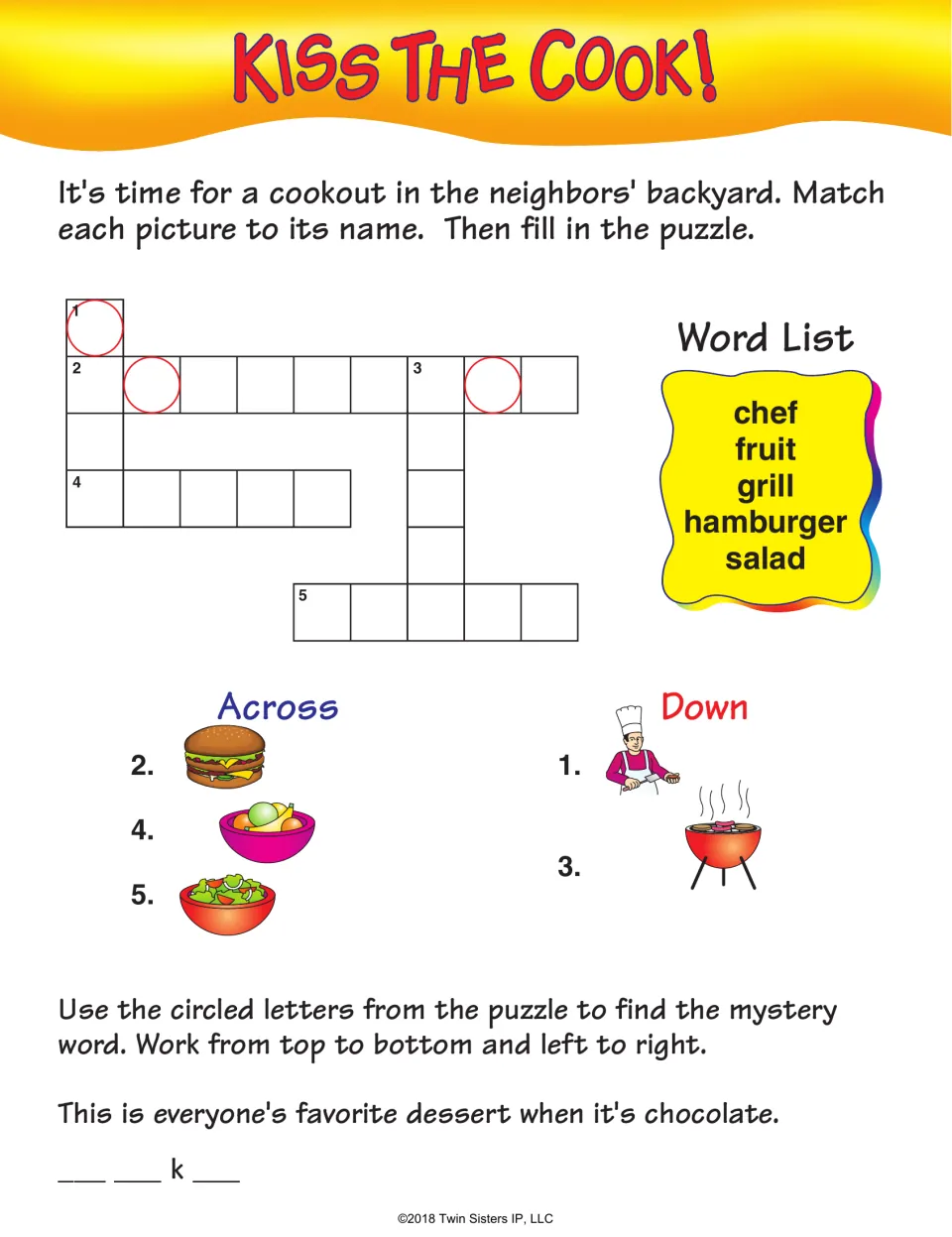 Kiss the Cook! backyard cookout crossword: chef, fruit, grill, hamburger and salad pictures lead to a dessert word
