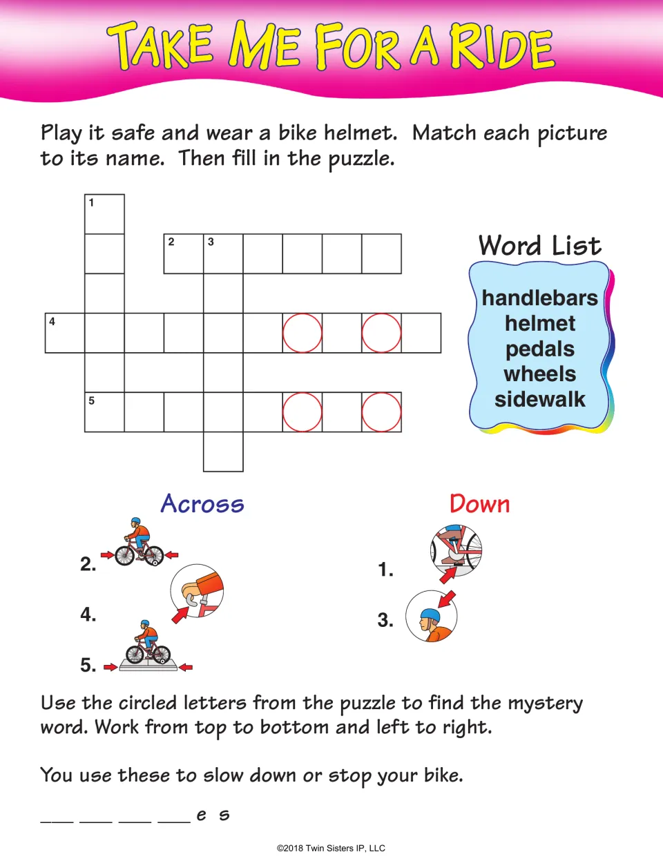 Take Me for a Ride: bike safety crossword with handlebars, helmet, pedals, wheels and sidewalk pictures to label