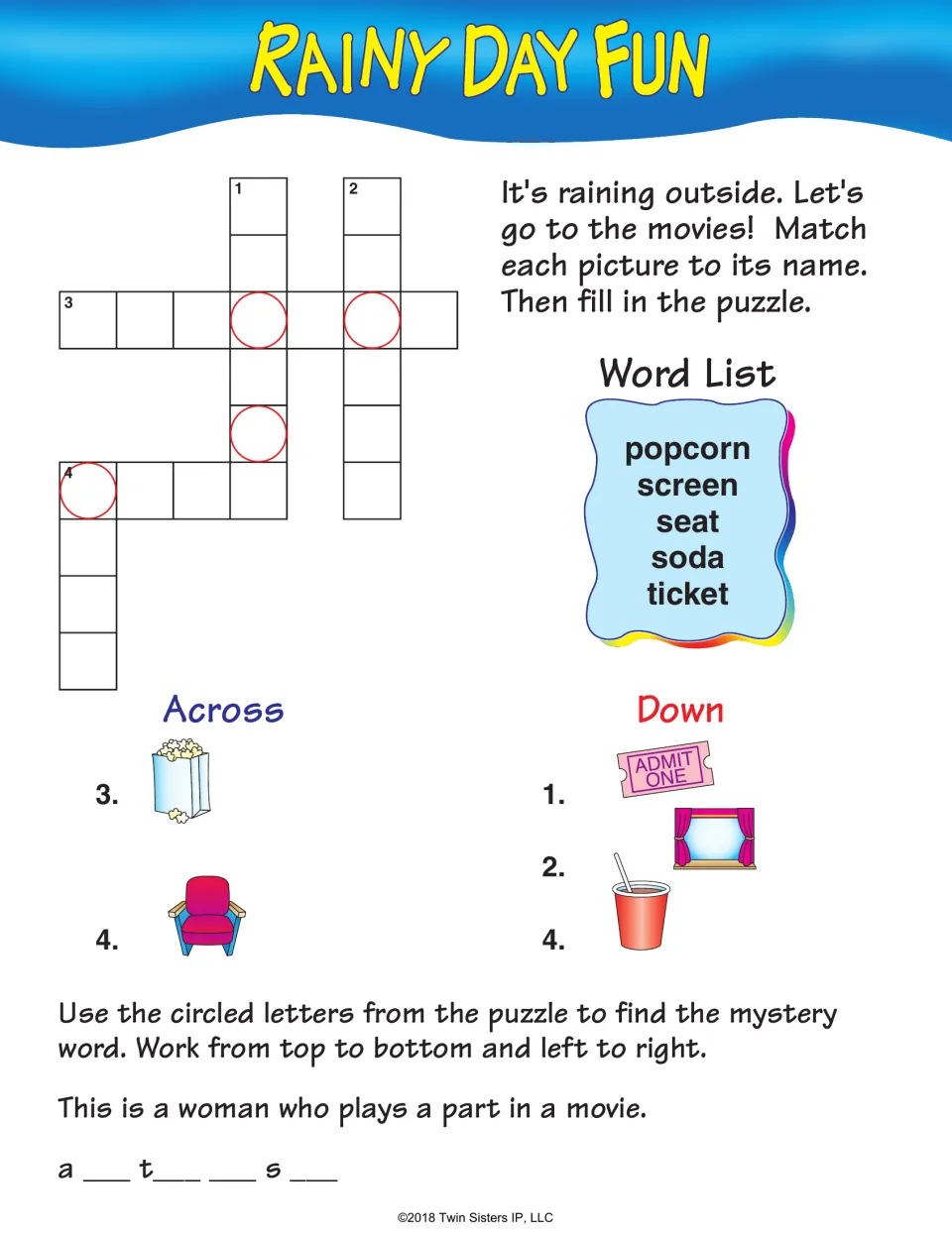 Rainy Day Fun movie crossword: picture clues for popcorn, screen, seat, soda and ticket, plus a mystery word about acting