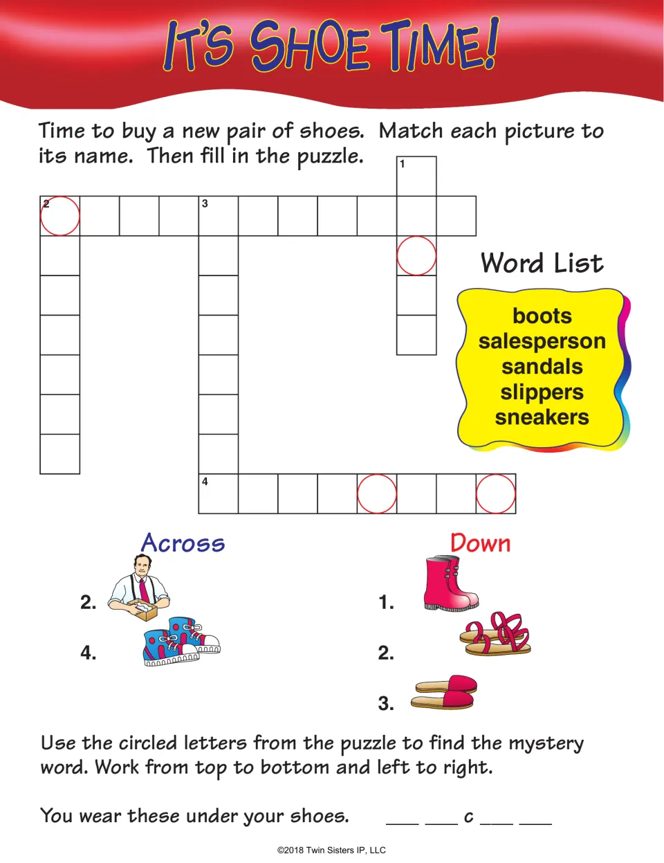 It's Shoe Time! footwear crossword: students match boots, salesperson, sandals, slippers and sneakers to pictures