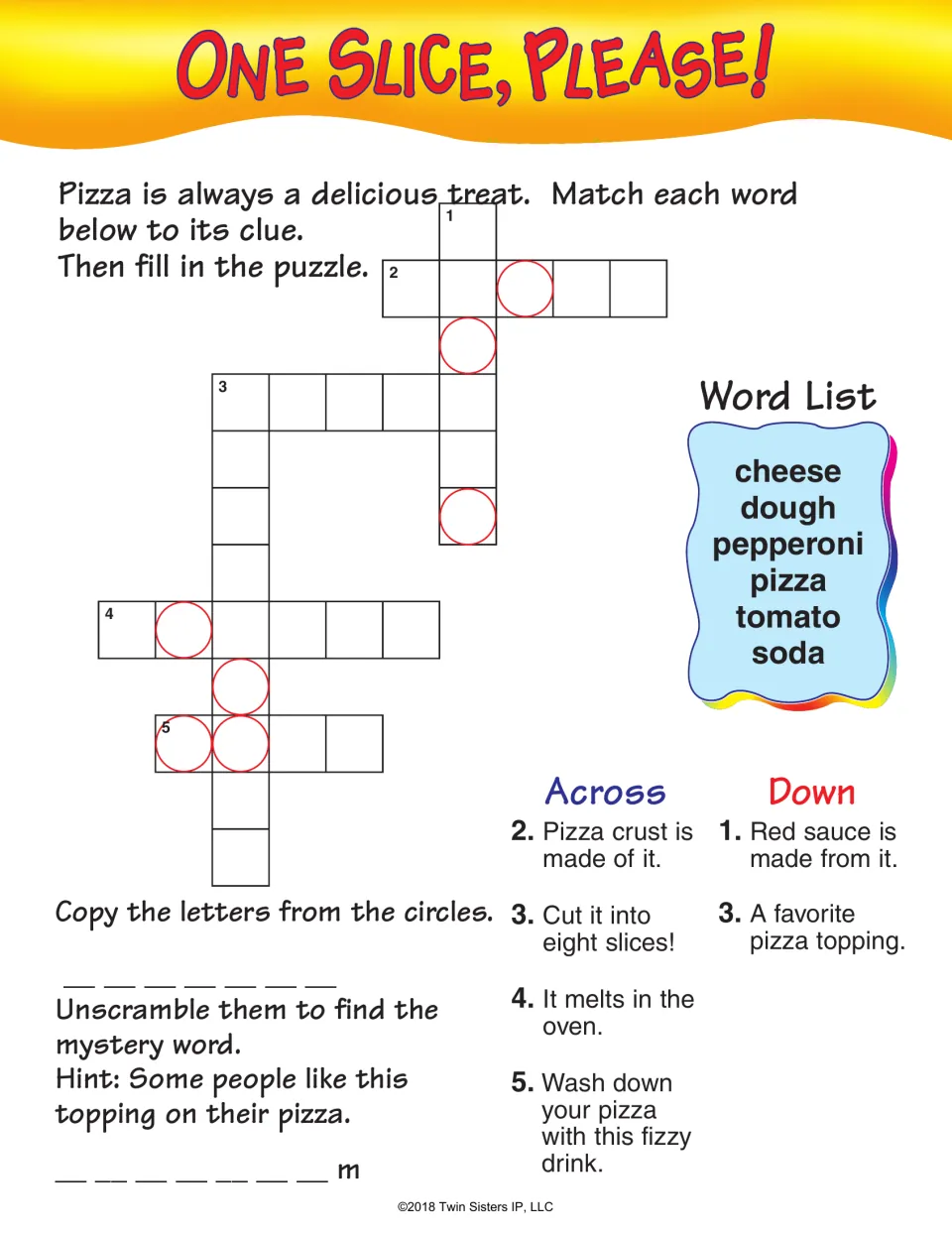 One Slice, Please! pizza crossword: students match cheese, dough, tomato and soda to clues, then unscramble a mystery word