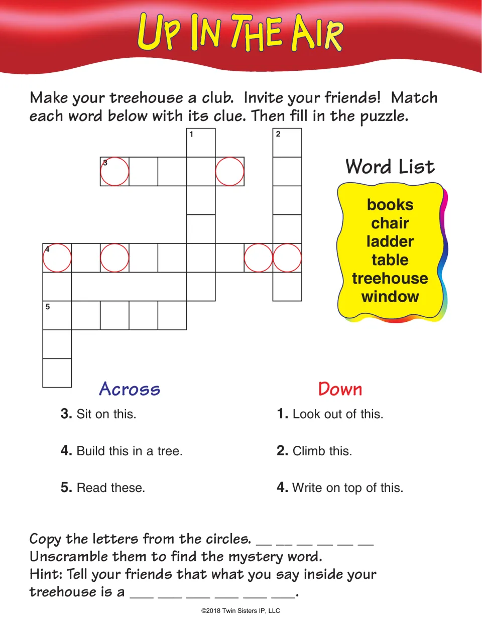 Up In The Air treehouse crossword: students match books, chair, ladder and window to short clues and solve a mystery word