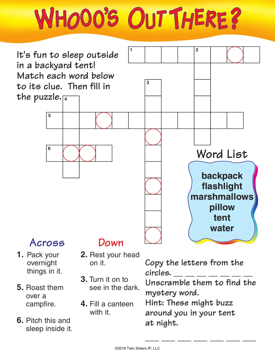 Whooo's Out There? backyard camping crossword: students fit tent, pillow, flashlight and marshmallows to clues
