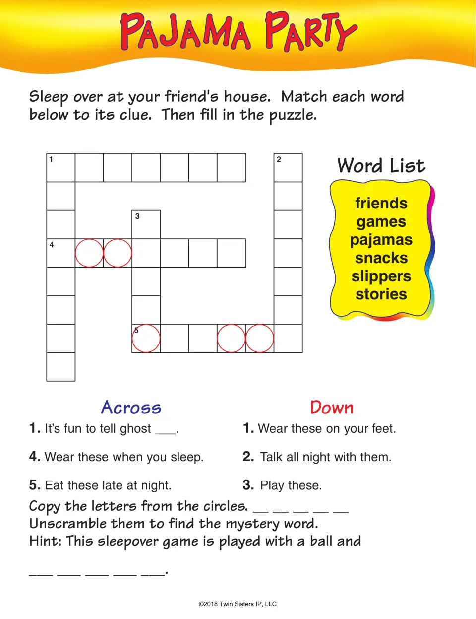 Pajama Party sleepover crossword: students match friends, games, slippers and snacks to clues, then find a mystery word