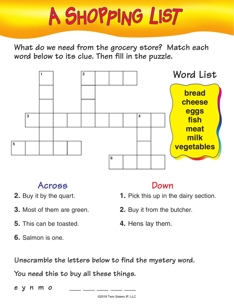 A Shopping List grocery crossword: students match bread, milk, eggs and vegetables to clues, then unscramble e y n m o