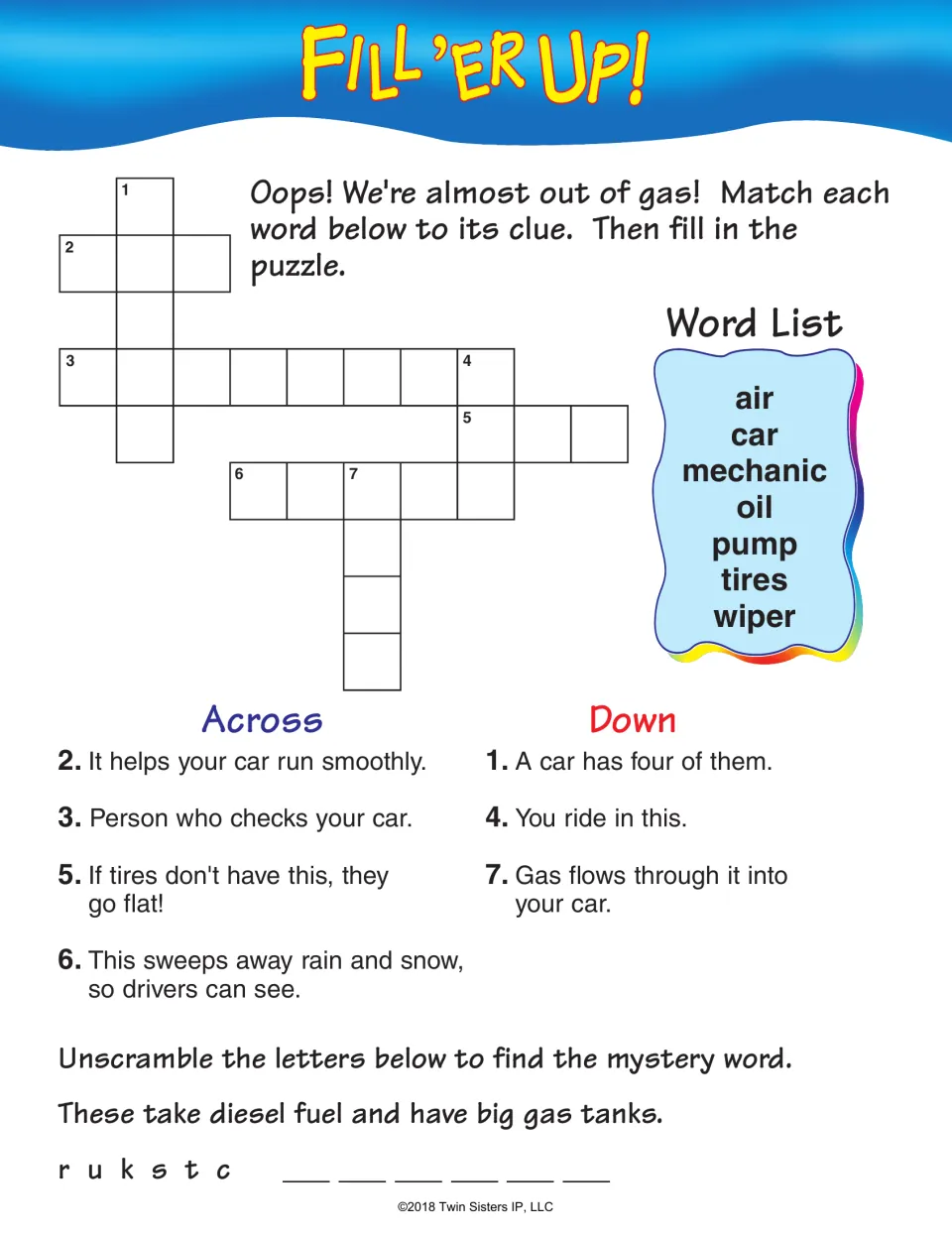 Fill 'Er Up! gas station crossword: students match mechanic, tires, pump and wiper to clues, then unscramble r u k s t c
