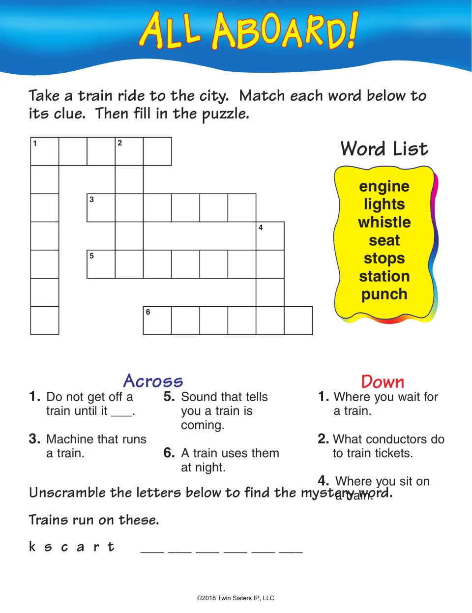 All Aboard! train ride crossword: students match engine, whistle, station and punch to clues, then unscramble k s c a r t