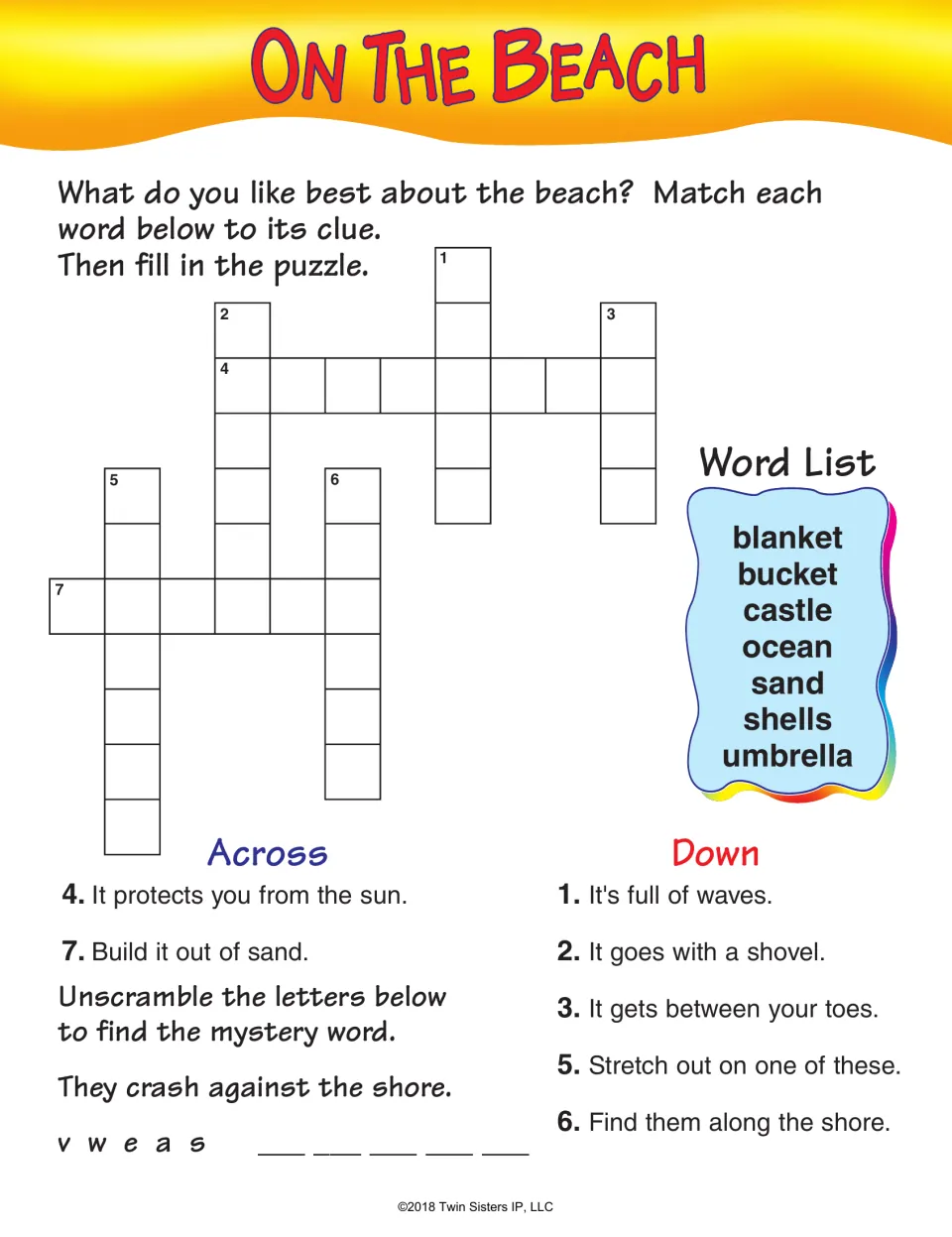 On The Beach crossword: students match ocean, sand, shells and umbrella to beach clues, then unscramble v w e a s
