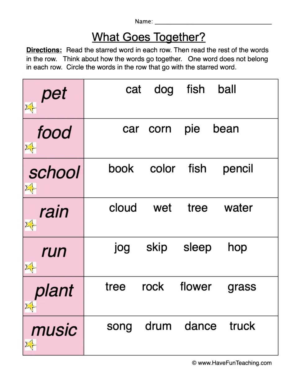 What Goes Together? word categories: students circle words that fit starred words like pet, food, rain and music
