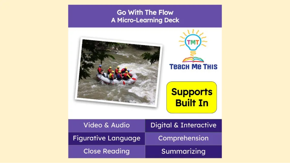 Go With the Flow micro-learning deck cover lists video, audio, figurative language, and comprehension.