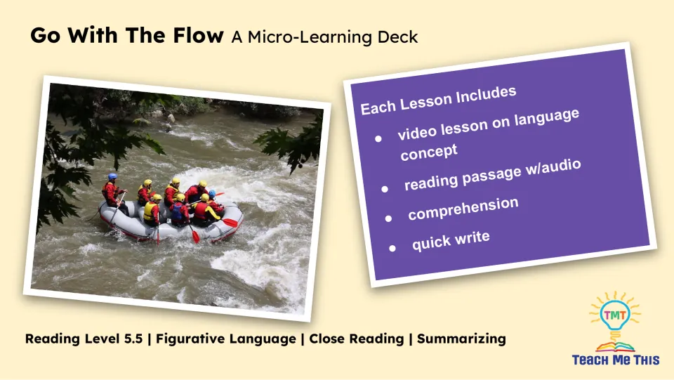 Lesson overview lists a language video, reading passage with audio, comprehension, and a quick write.