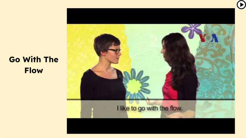 Video lesson slide shows two speakers using the idiom in conversation, with a captioned example sentence.