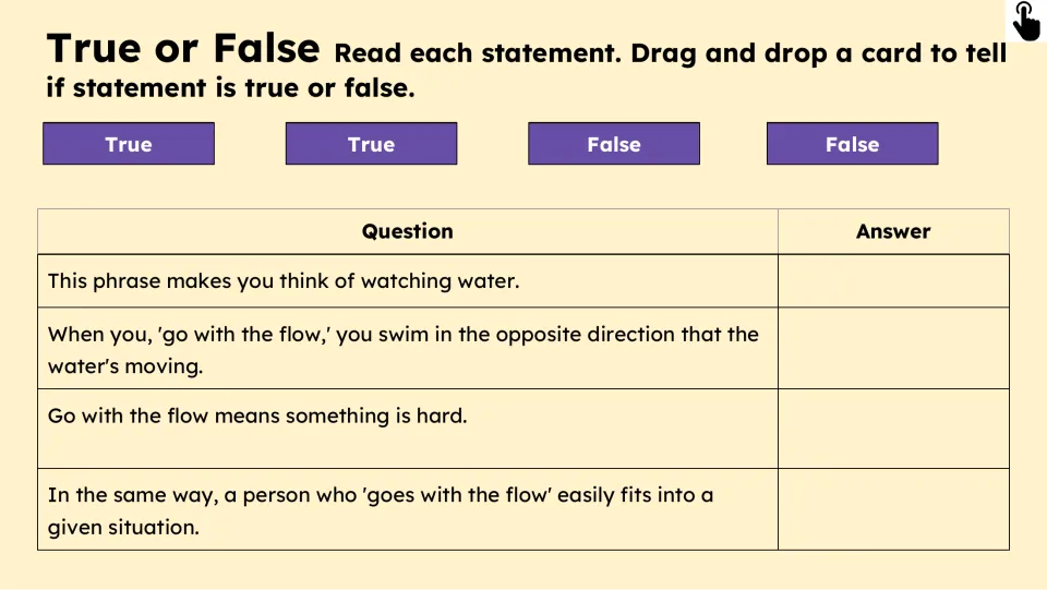 True-or-false activity asks students to classify four statements about water and fitting into a situation.
