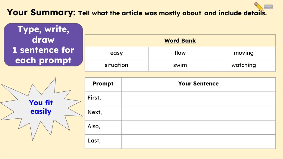Summary activity asks for one sentence per prompt: First, Next, Also, Last, with a six-word bank for support.