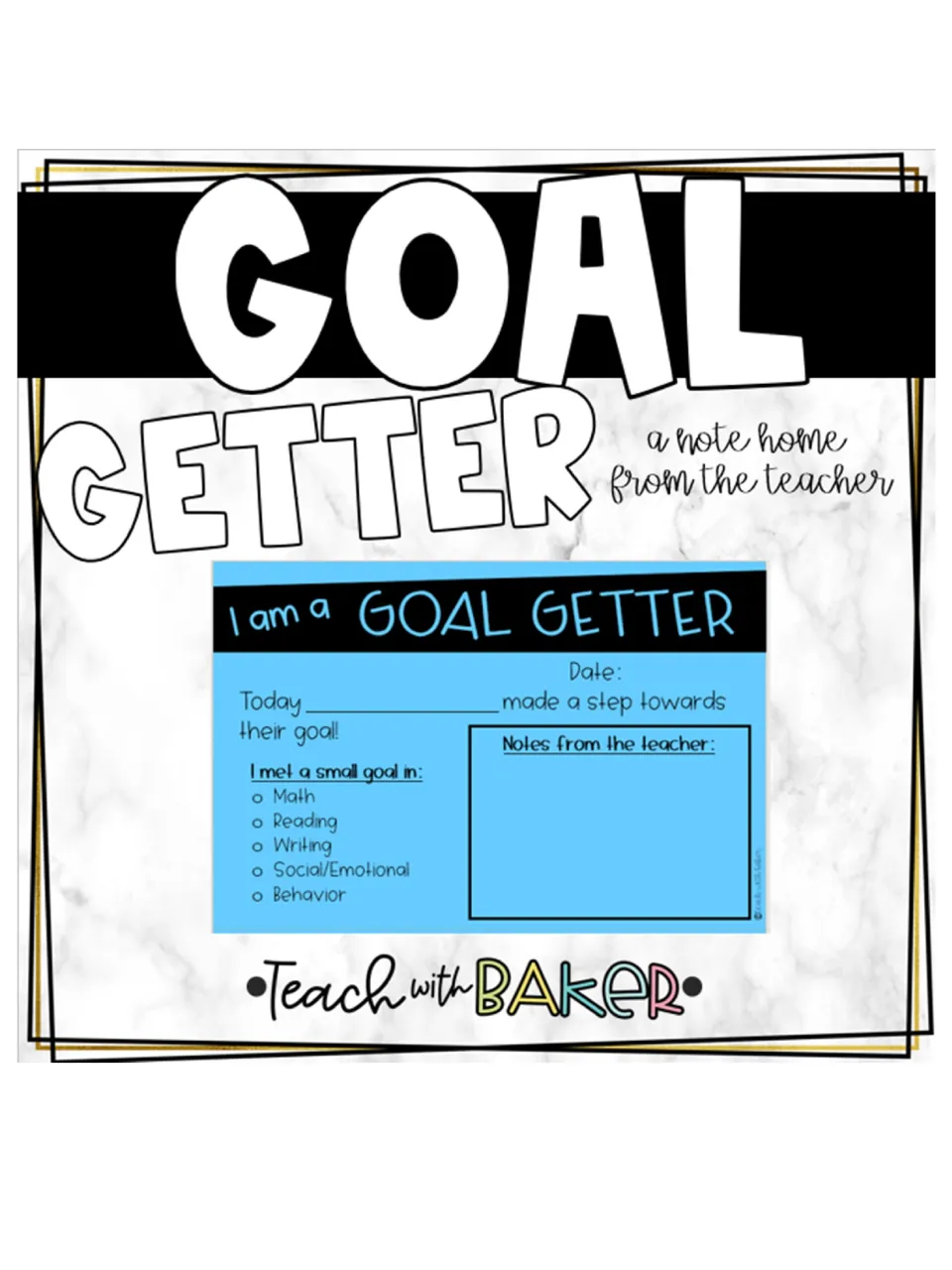 Goal Getter Cards cover identifying the resource as a note home from the teacher and showing a sample card.