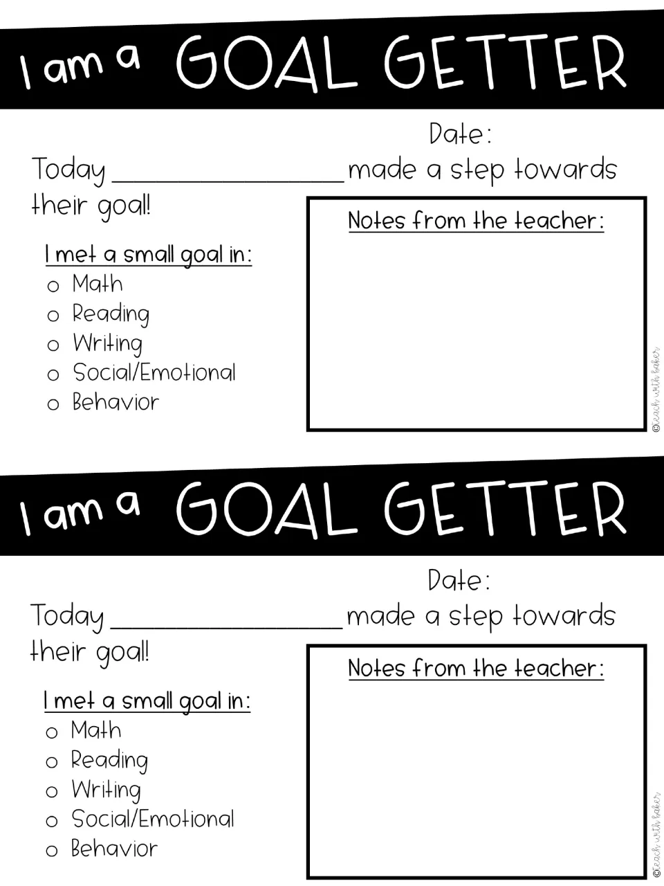Two goal recognition cards listing Math, Reading, Writing, Social/Emotional, and Behavior, with teacher notes.