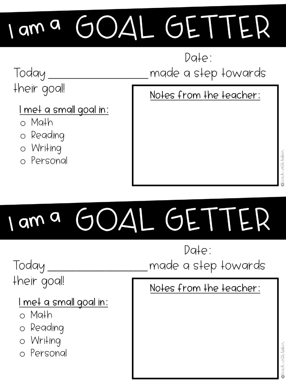 Two goal recognition cards listing Math, Reading, Writing, and Personal, with a date and teacher notes.