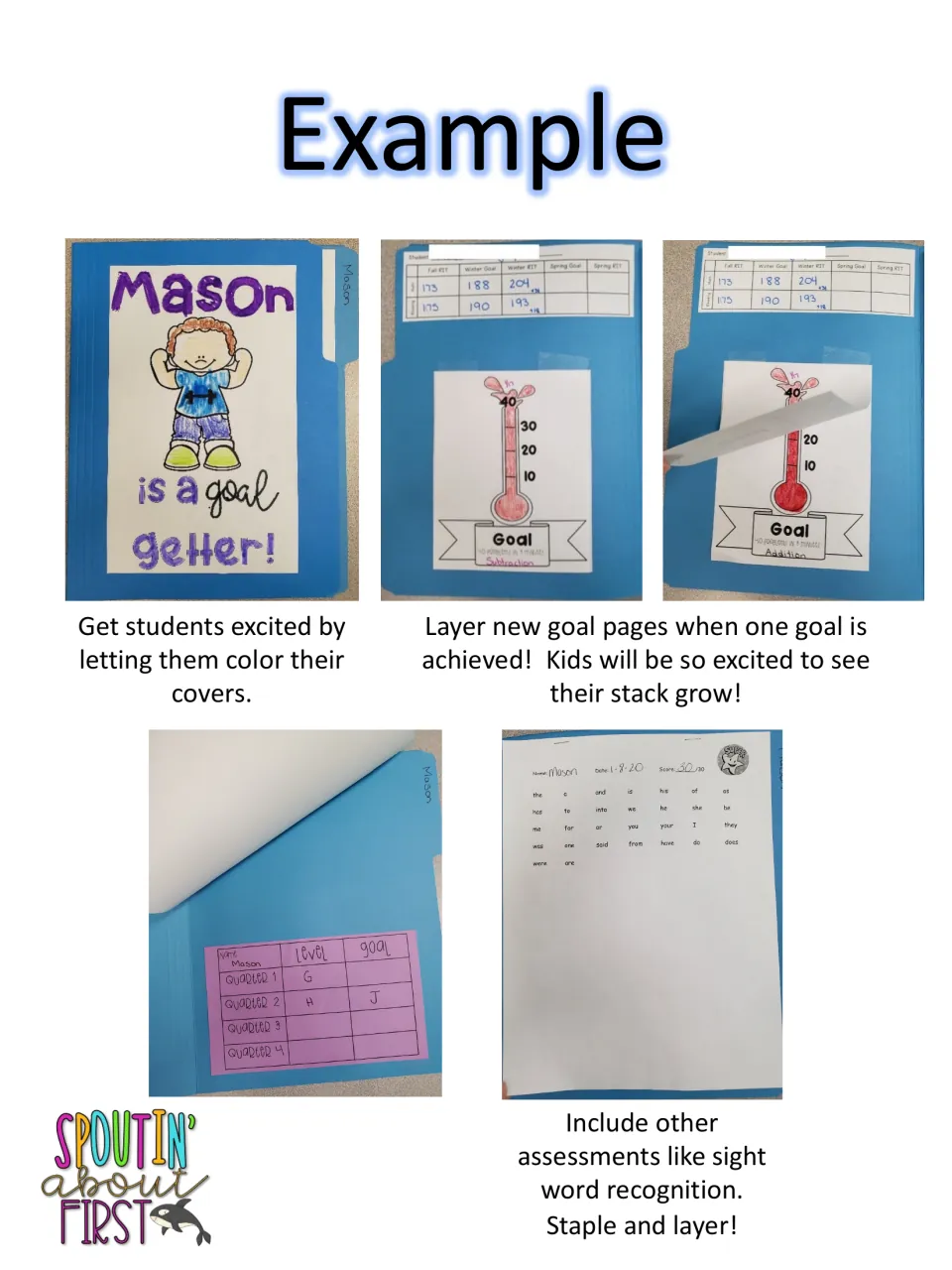 Completed folder examples show a colored cover, layered goal thermometers, reading tracker, and sight-word assessment.