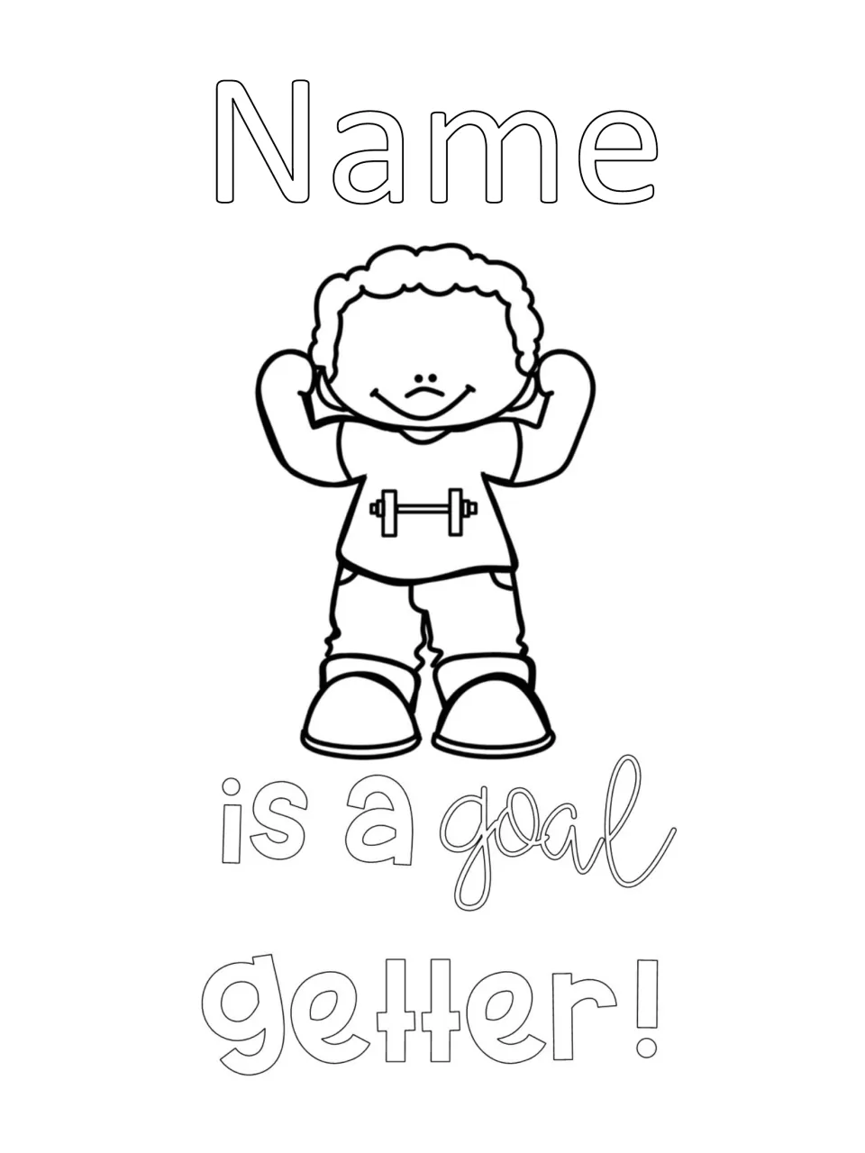 Student folder cover to personalize and color, featuring a boy and the words 'Name is a goal getter!'