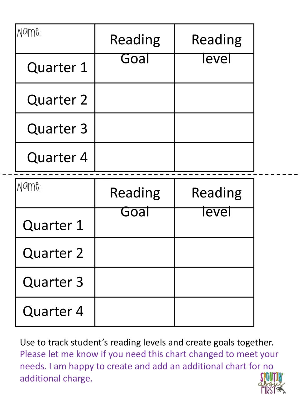 Two reading trackers for student folders record reading goals and reading levels for Quarters 1 through 4.