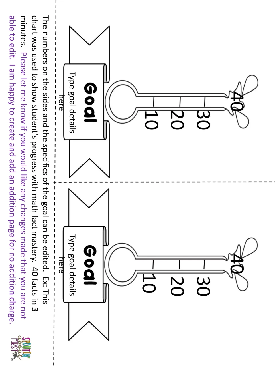 Two editable goal thermometers marked 10, 20, 30, and 40 track progress, with space to type goal details.
