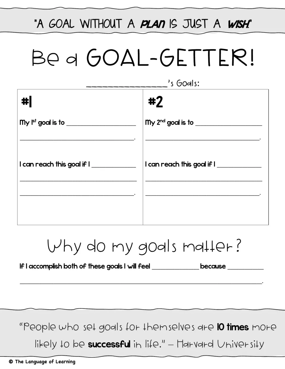 Be a Goal-Getter! goal setting: students write two goals, how they can reach each one, and why the goals matter to them
