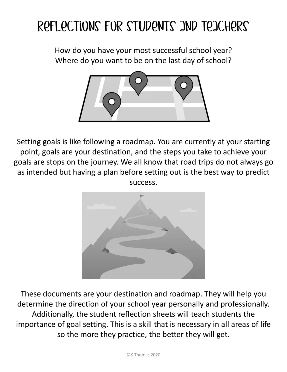 Reflections for Students and Teachers intro: goal setting compared to a roadmap, with a map pin and mountain path image